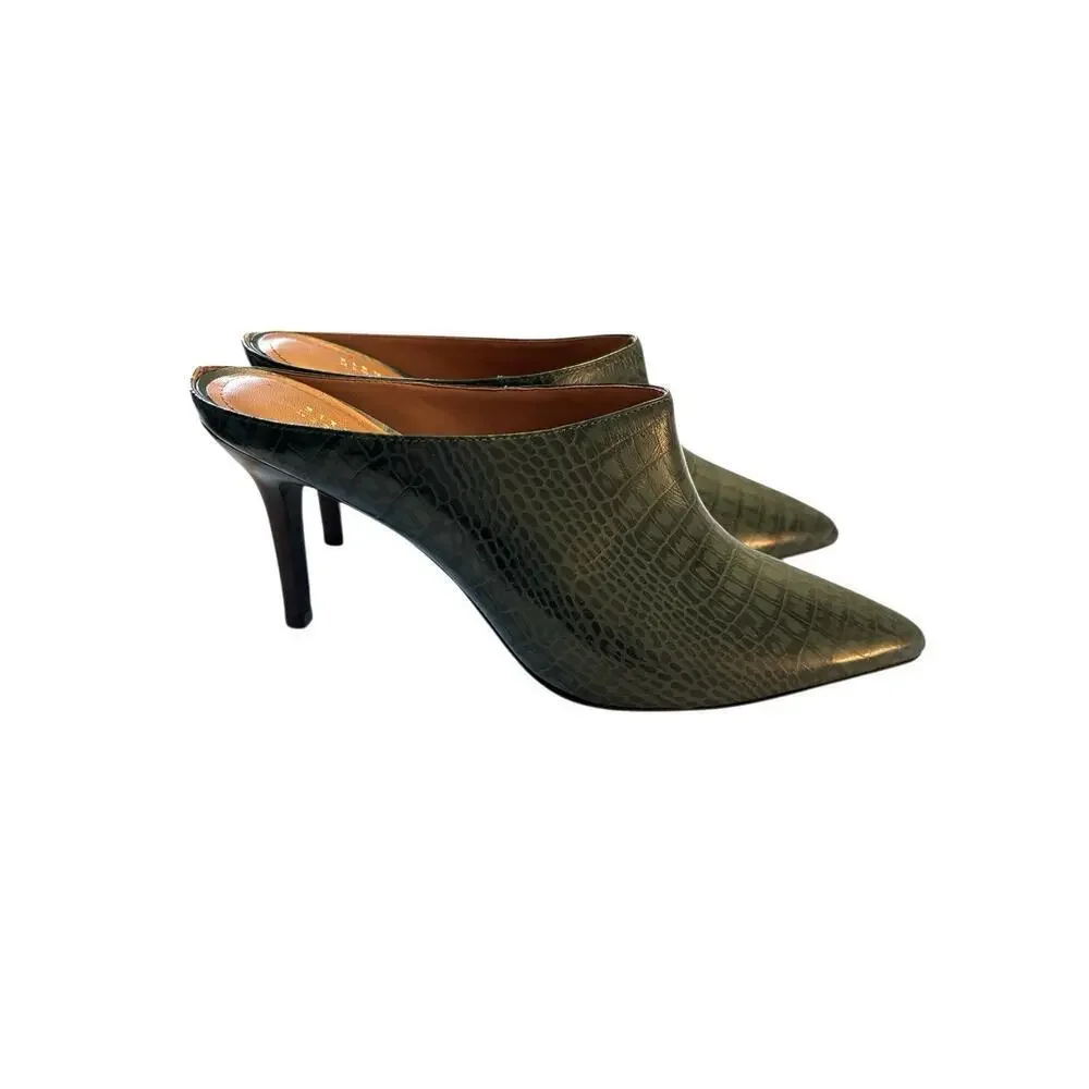 Barneys New York Green Snakeskin Pointy Toe Mules Heels Clogs SZ 9B - Picture 3 of 8